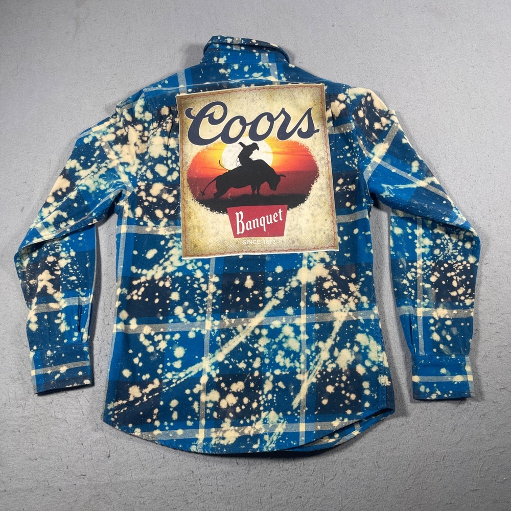 Angry Minnow Clothing Flannel Shirt Mens‎ Small Blue Plaid Bleach Coors Rodeo